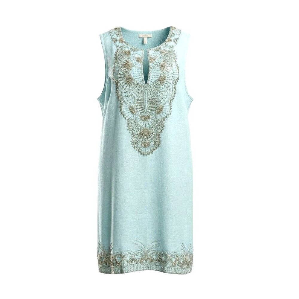Bella Tu Aqua Blue Beaded Sleeveless Sheath Dress 100‎ % Linen Womens Sz 12